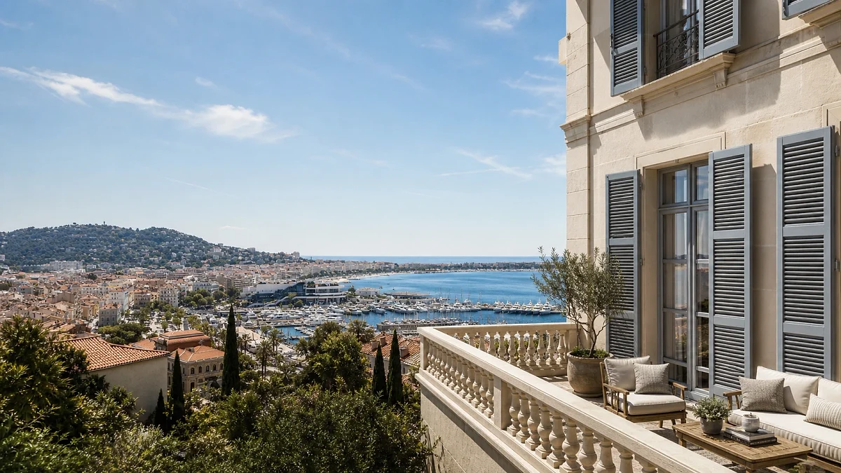 Terrasse d’une villa cannoise dominant la baie et le vieux port